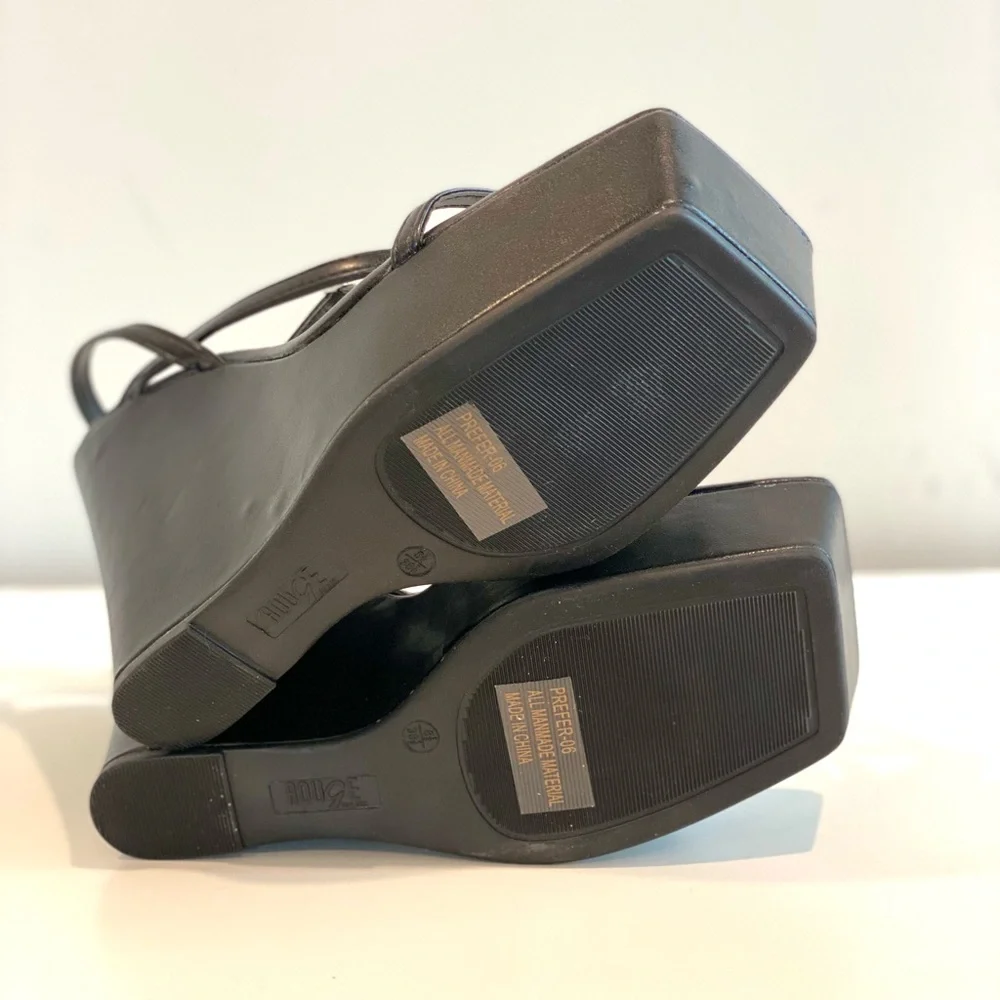Black Wedge Sandals with Platform and Ankle Strap size 8 - Picture 12 of 15